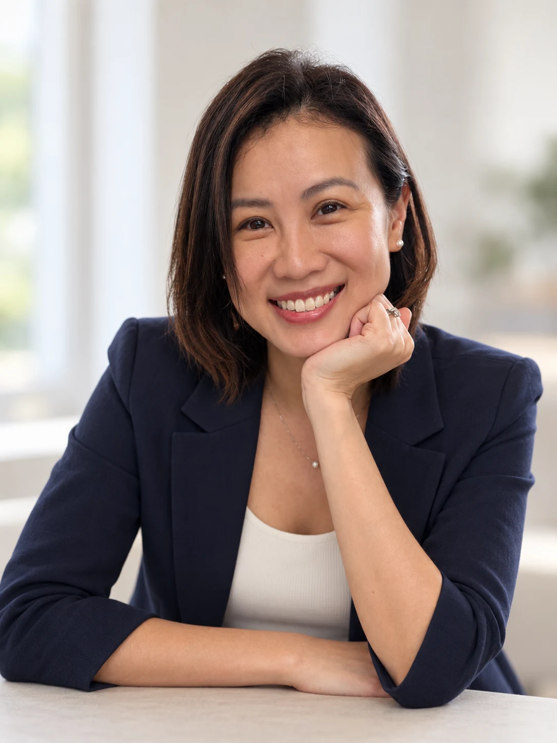 Tammie Chew, founder of Lighthouse Advisory, smiling in a navy blazer